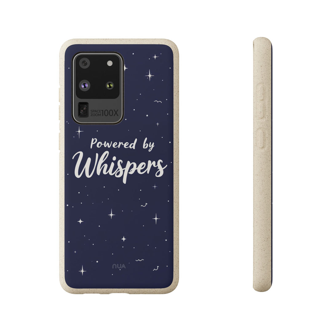 Eco-friendly Samsung phone case with 'Powered by Whispers' design, featuring a starry night pattern; biodegradable and stylish.