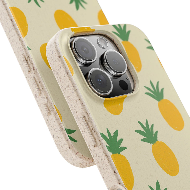 Eco-friendly pineapple design phone case for many iPhone models, featuring a vibrant, durable look with a smooth frosted finish.