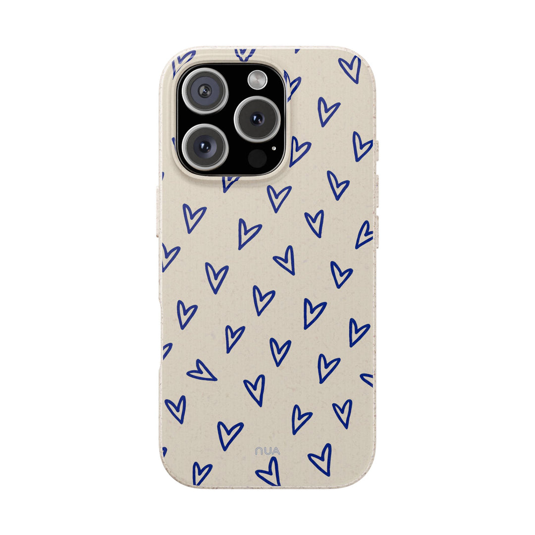 Alt Tag: Eco-friendly iPhone case with blue heart pattern, biodegradable and sustainable. Perfect for stylish, green-conscious users.