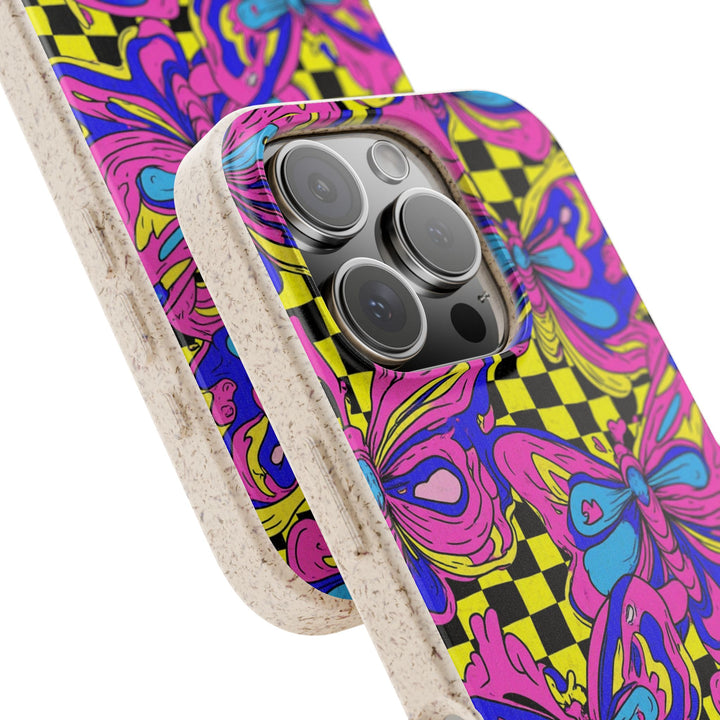Eco-friendly iPhone case with vibrant butterfly design, showcasing colorful and durable protection for many iPhone and Samsung models.