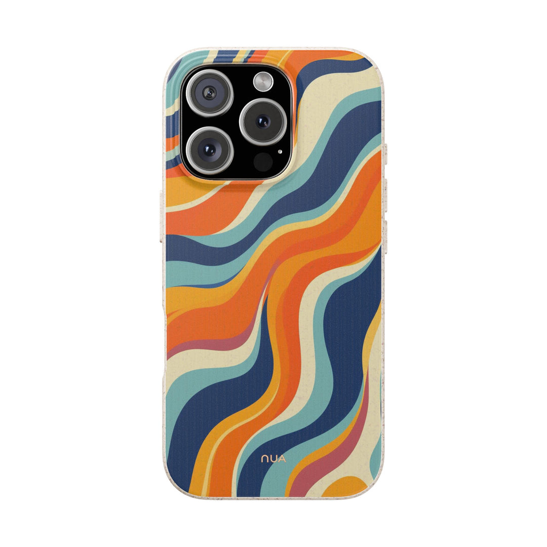 Retro Waves iPhone cover, eco-friendly biodegradable case with colorful wavy pattern, fits many iPhone and Samsung models.