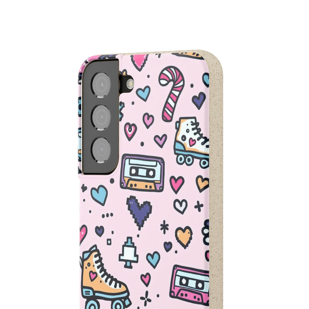 Retro roller skate and cassette pattern on eco-friendly Samsung case, showcasing vibrant colors and durable design for stylish trendsetters.