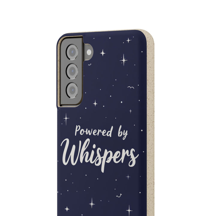 Stylish eco-friendly Samsung case - 'Powered by Whispers', biodegradable design with starry pattern; fits many Samsung models.