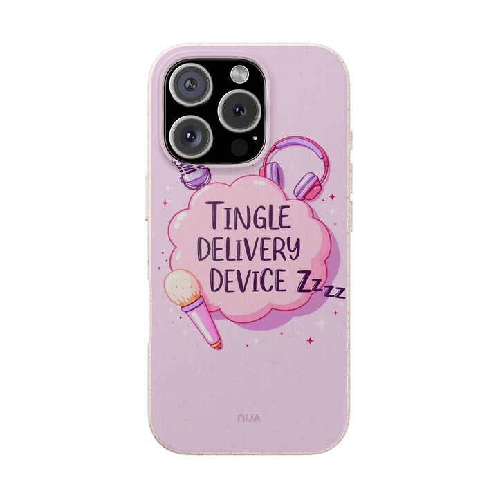 Eco-friendly ASMR phone case with 'Tingle Delivery Device' text, fits iPhone and Samsung models. Cute, durable, and colorful!
