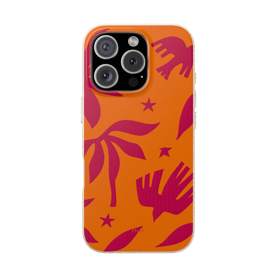 Tropic Flight eco-friendly iPhone case with vibrant design, biodegradable materials, compatible with many iPhone and Samsung models.