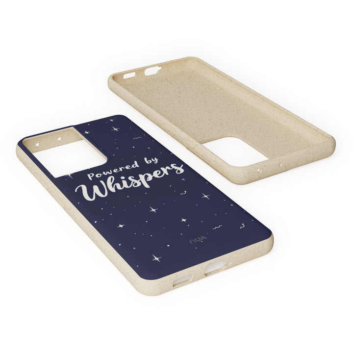 Eco-friendly Samsung phone case with "Powered by Whispers" design, biodegradable and stylish for many models. Durable and vibrant.