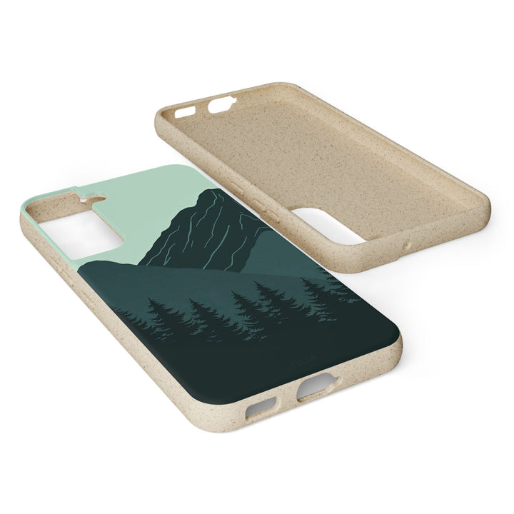 Eco-friendly Samsung phone case with vibrant mountain design; durable, fits many models, biodegradable material.
