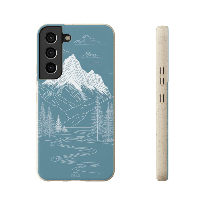 Eco-friendly Samsung case with minimalist mountain line art in white on blue, durable and stylish for many phone models.