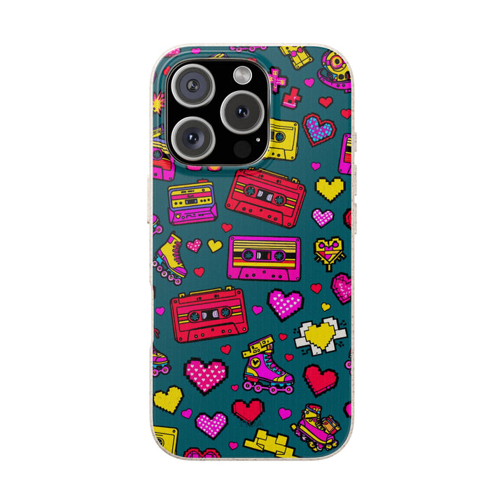 Pixel Pop Paradise iPhone Case with retro cassette and roller skate design, eco-friendly and durable for many iPhone models.