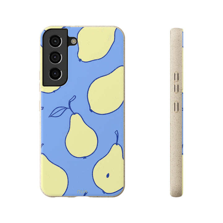 Eco-friendly Samsung phone case with blue and yellow pear design, durable and vibrant. Ideal for summer and nature enthusiasts.