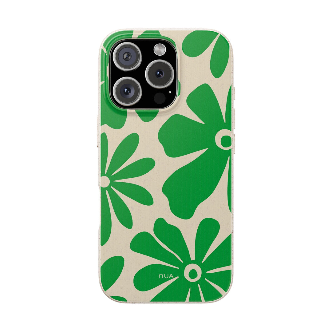 Eco-friendly retro floral iPhone case with bold green blooms on beige, fits many iPhone and Samsung models, durable and vibrant.