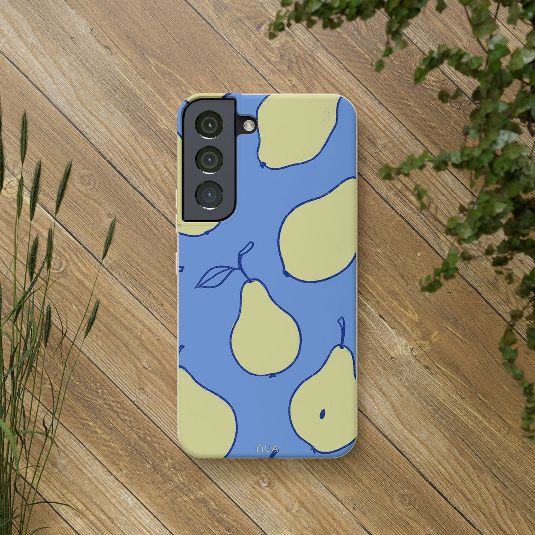Eco-friendly Samsung case with blue and yellow pear motifs, vibrant colors, and frosted finish on a wooden background.