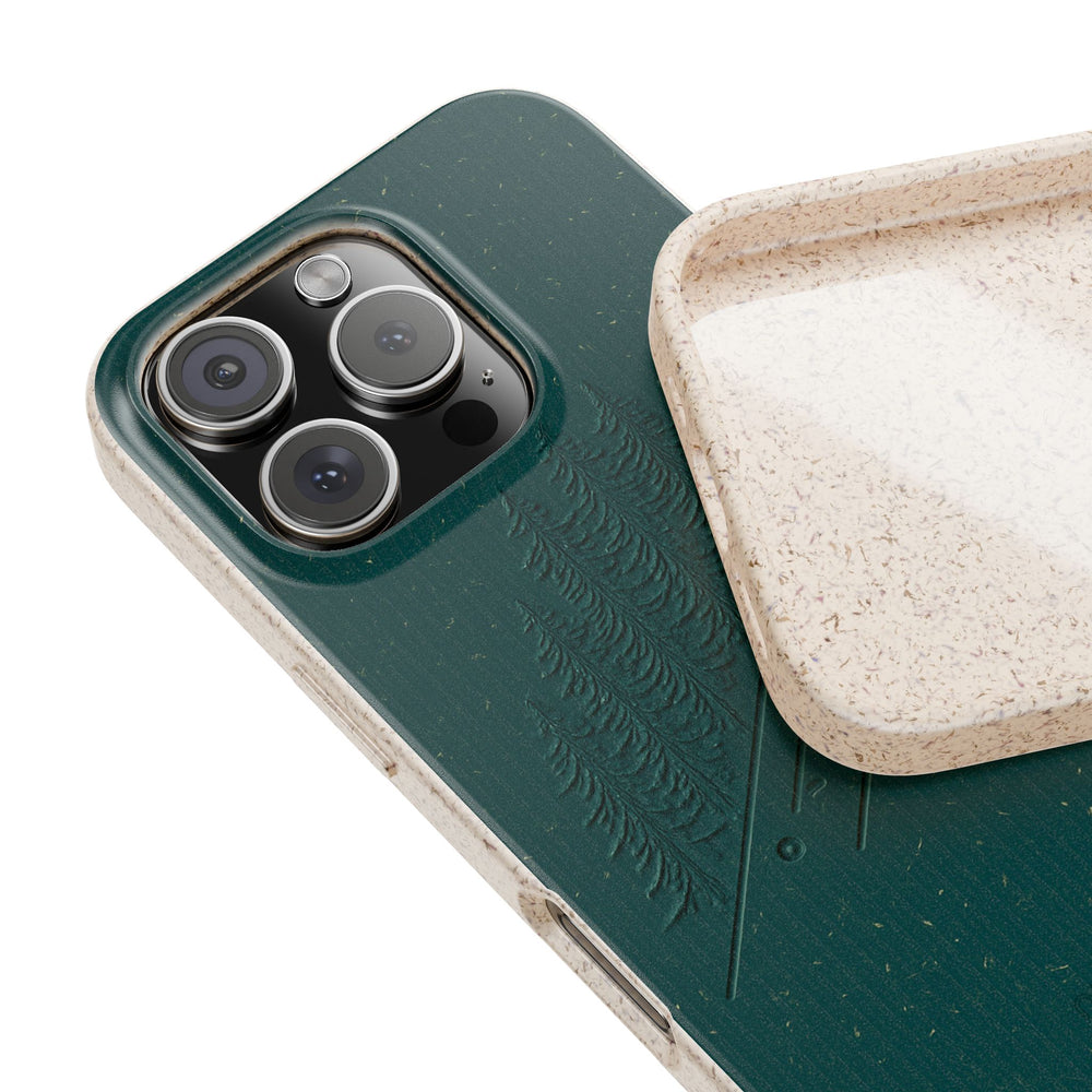 Eco-friendly phone case with forest design, fits many iPhone and Samsung models, durable with smooth matte finish, in vibrant colors.