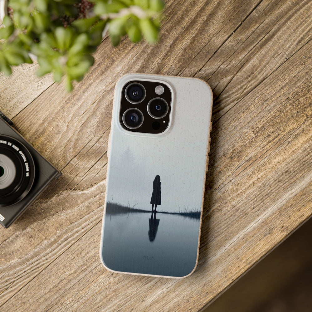 Alt Tag: Eco-friendly iPhone case with a misty landscape design, perfect for durable style across many iPhone and Samsung models.