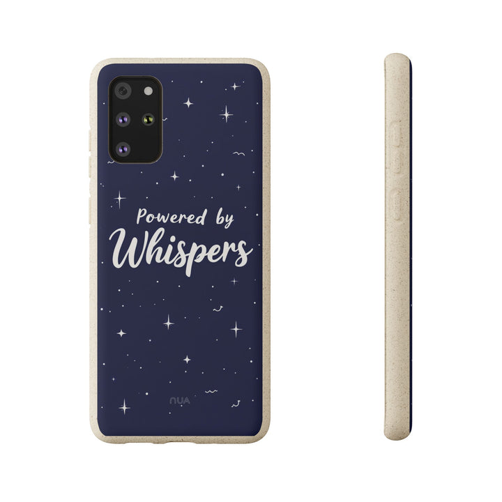 Eco-friendly Samsung phone case with 'Powered by Whispers' text, biodegradable, available for many iPhone and Samsung models.