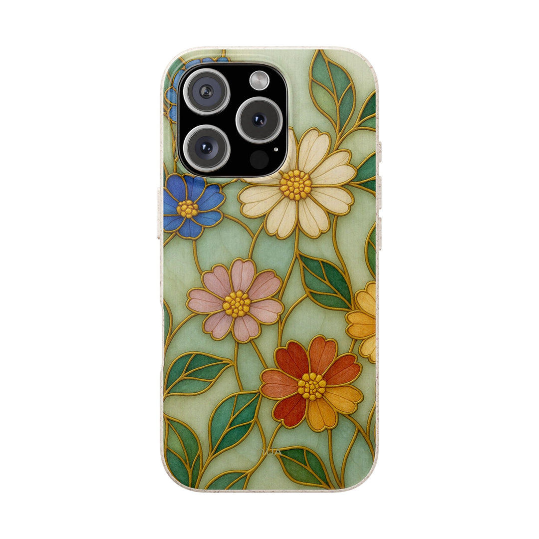Eco-friendly stained glass iPhone cover with vibrant floral design in gold, fitting many iPhone and Samsung models, durable and stylish.