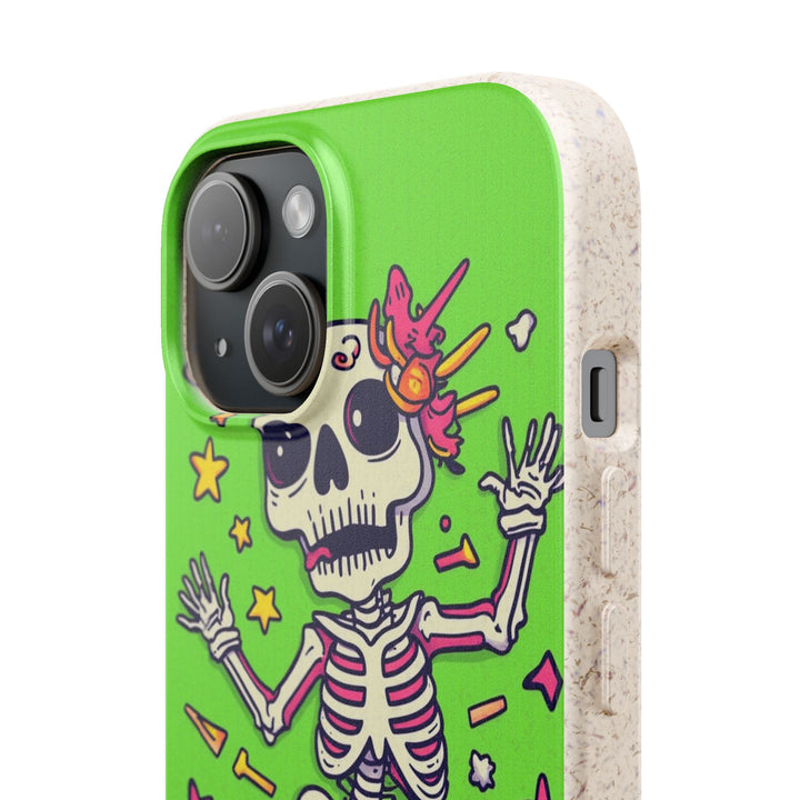 Eco-friendly phone case with vibrant skeleton design on green background, compatible with iPhone and Samsung models, durable accessory.