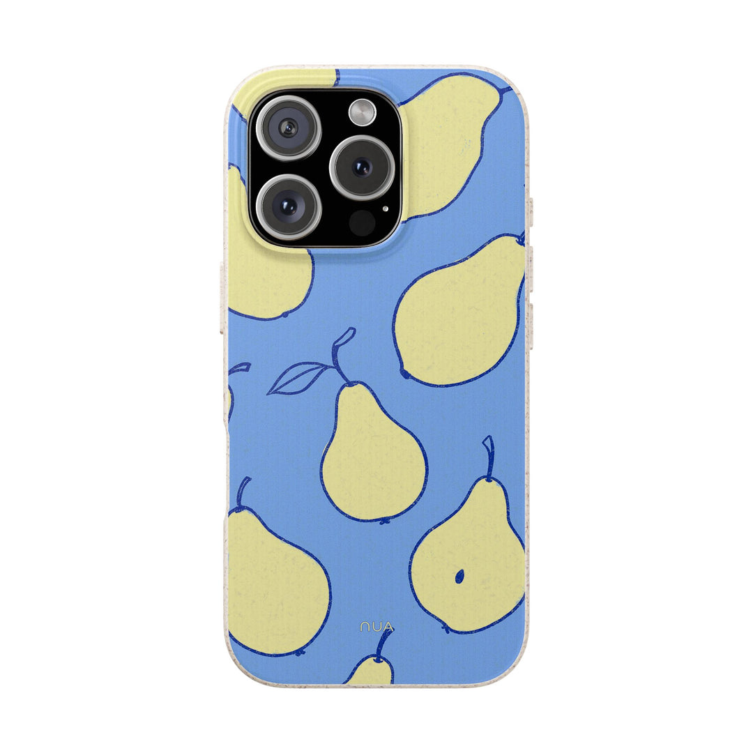 Eco-friendly pastel pear iPhone case with blue and yellow design. Biodegradable, durable, fits many iPhone and Samsung models.