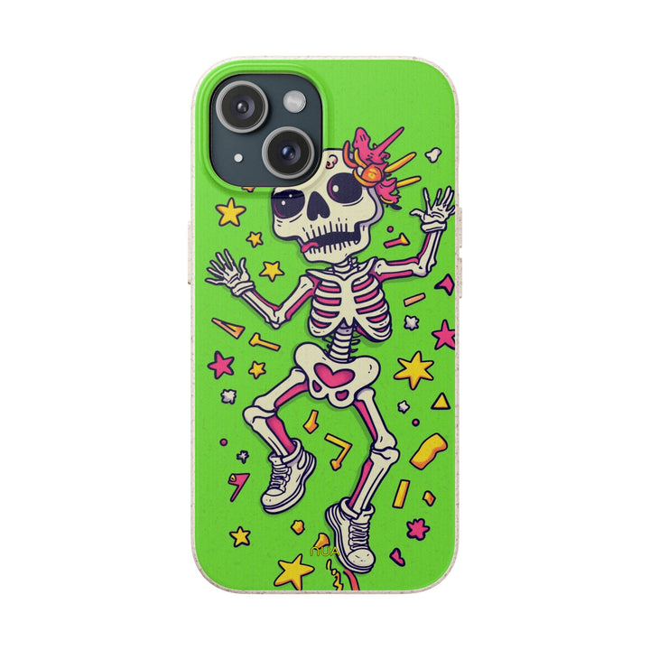 Eco-friendly phone case with vibrant skeleton design on a green background, compatible with iPhone and Samsung, perfect for Halloween.