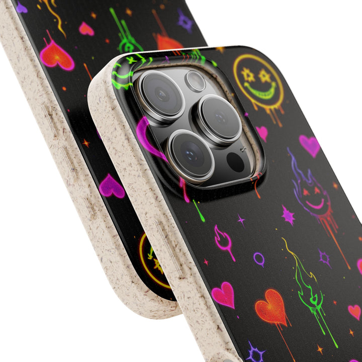 Neon Mood iPhone Case: Eco-friendly biodegradable phone case with vibrant colors, available for iPhone and Samsung models.