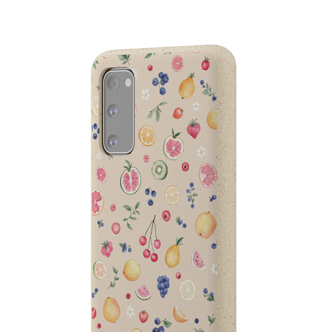 Eco-friendly Samsung case with vibrant fruit garden design, made of biodegradable PLA and bamboo. Perfect for summer and outdoor lovers.