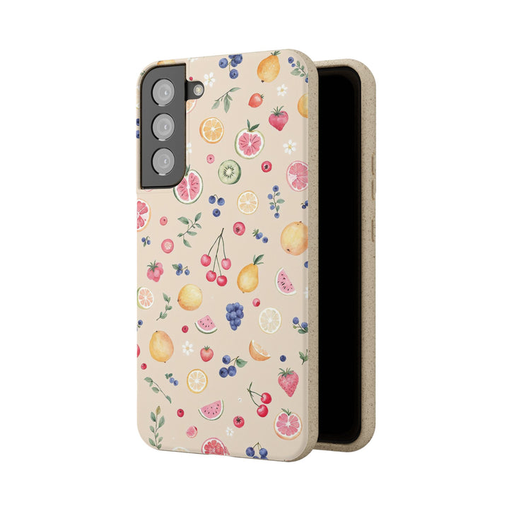 Eco-friendly Samsung phone case with vibrant fruit garden design, made from PLA and bamboo fibre, perfect for summer