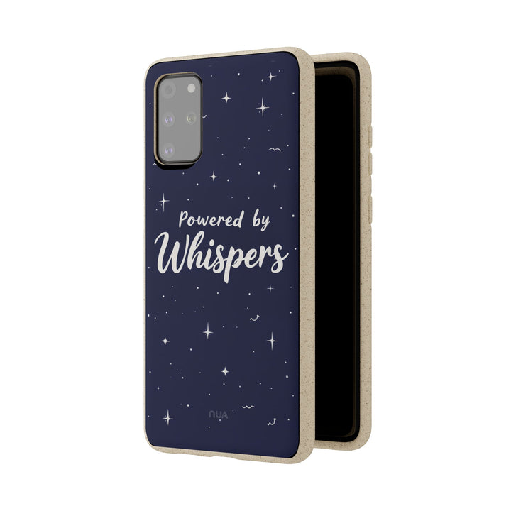 Eco-friendly Samsung phone case "Powered by Whispers," biodegradable design, fits many iPhone and Samsung models, durable.