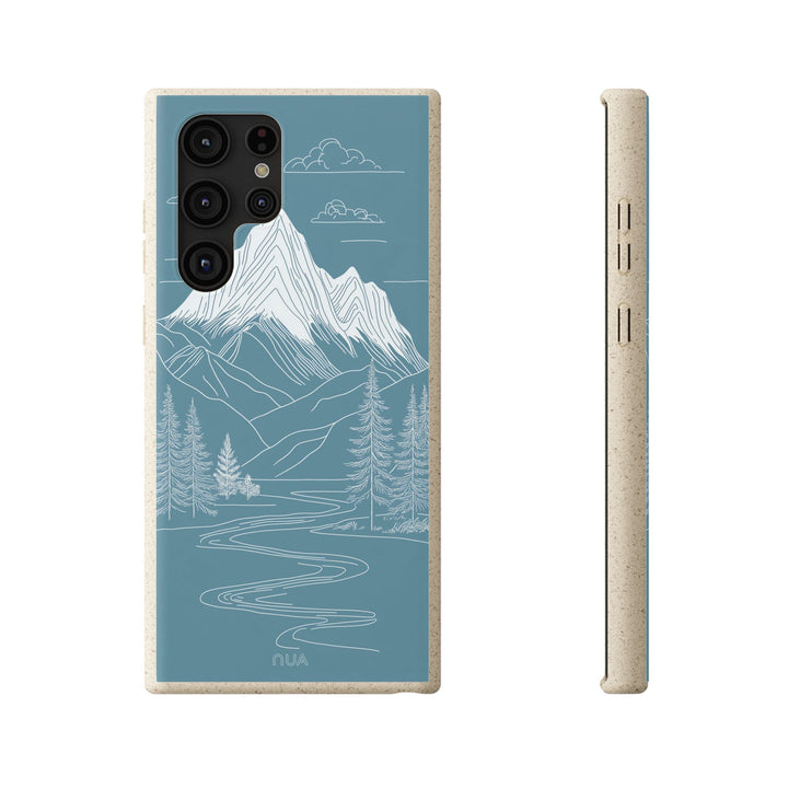 Whispers of the Mountains eco-friendly Samsung case with minimalist mountain art, perfect for nature lovers and various phone models.