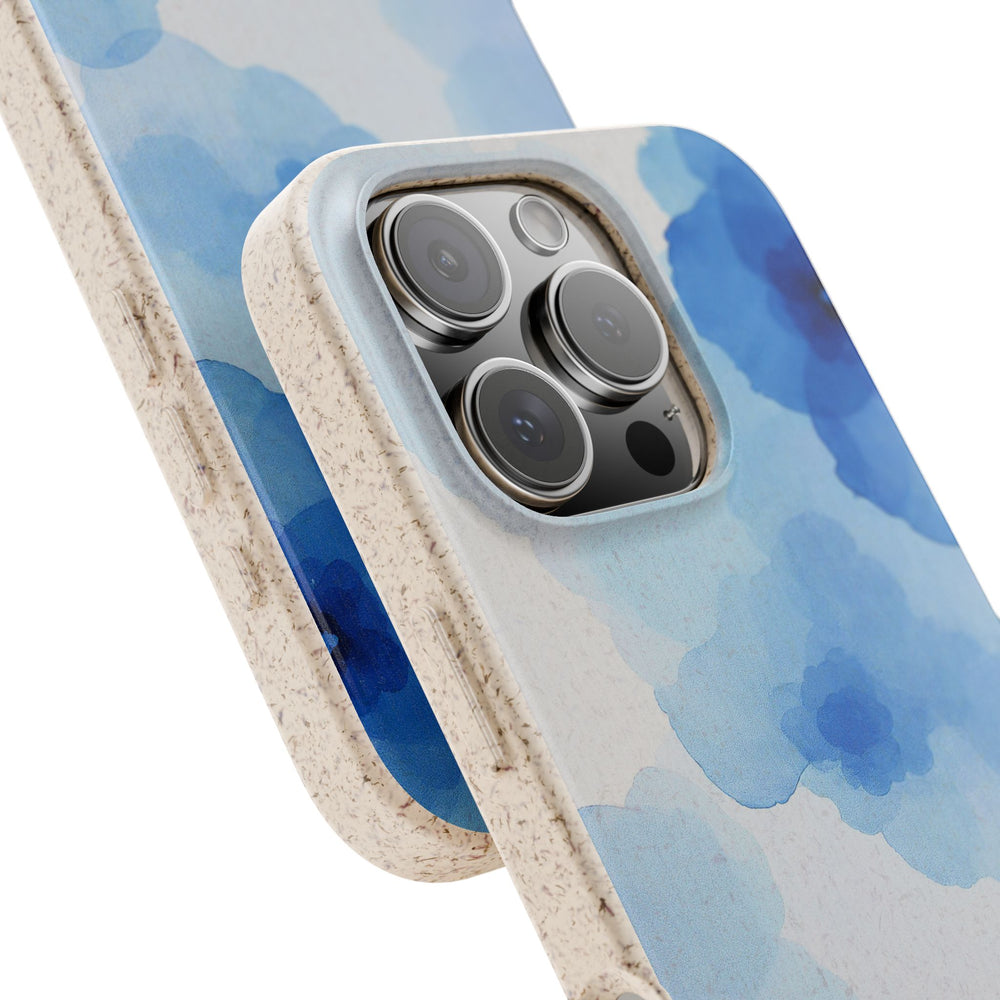 Eco-friendly iPhone case in watercolor blue floral design, fits many iPhone and Samsung models, durable with a matte finish.