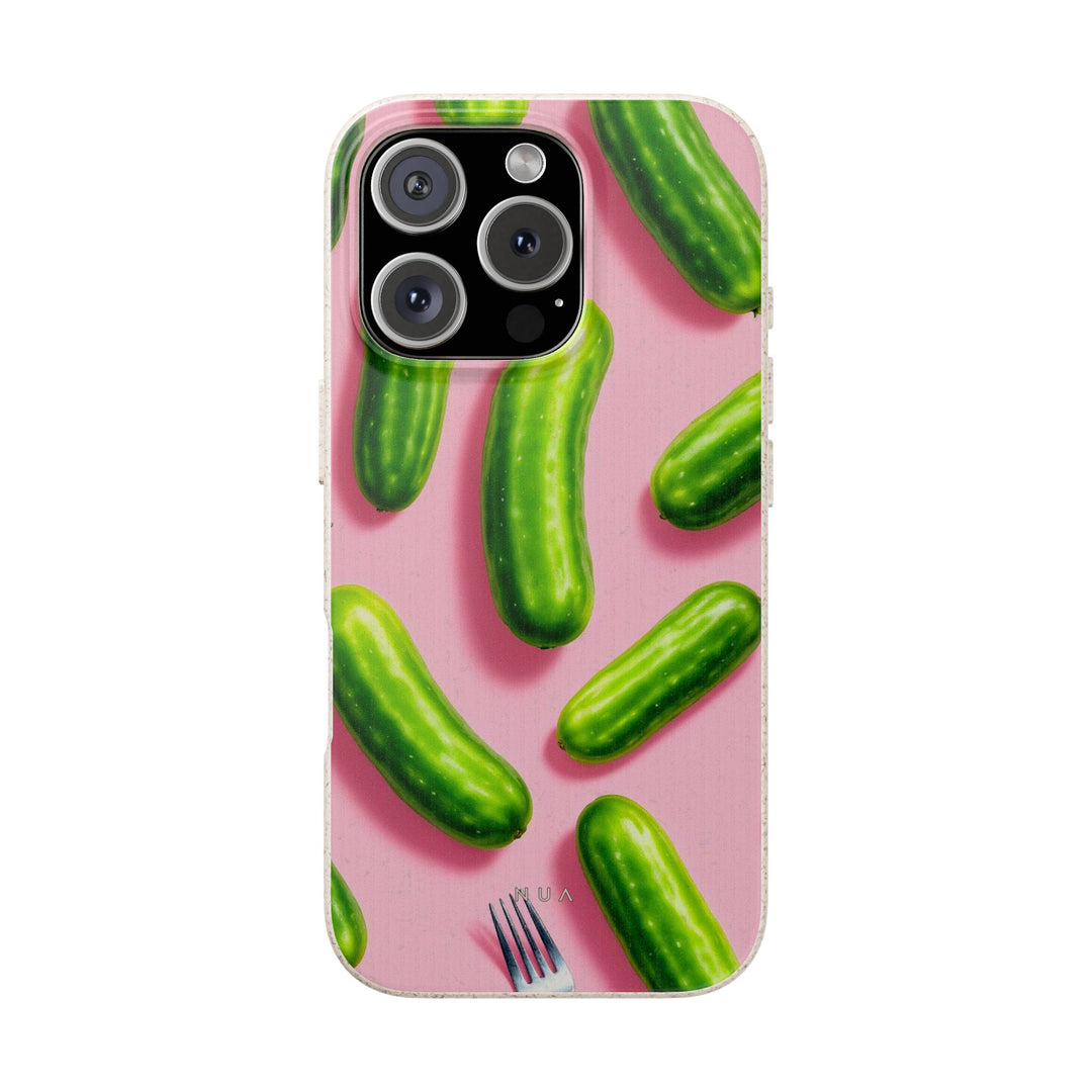 Eco-friendly iPhone case with vibrant pickle design, featuring a smooth frosted finish, durable and stylish. Perfect for environmentally conscious users.