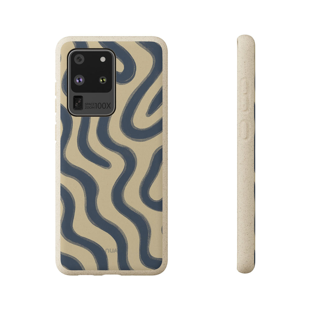 Eco-friendly wavy design Samsung phone case, matte finish, durable with precise cutouts, fits many Samsung models, stylish blue waves.