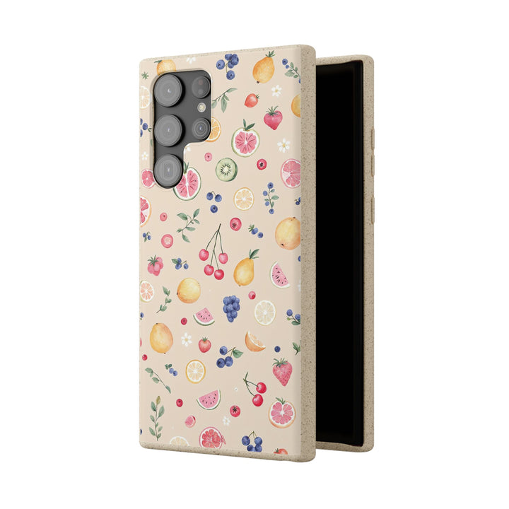 Eco-friendly Samsung case with vibrant fruit garden design, made of PLA plant polymer and bamboo fibre, perfect for nature lovers.