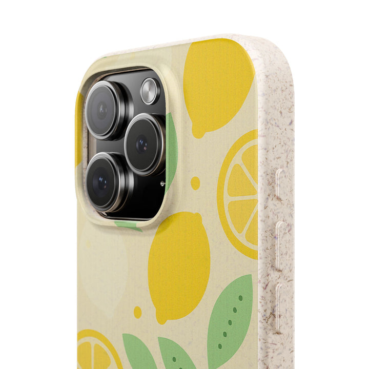 Eco-friendly iPhone Case Citrus Pop with lemon design, made of PLA plant polymer and bamboo, compatible with many iPhone models.