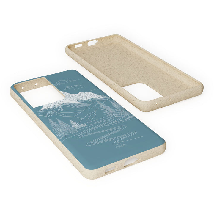 Whispers of the Mountains Samsung case with eco-friendly blue mountain art, perfect for nature lovers. Durable and fits many phone models.