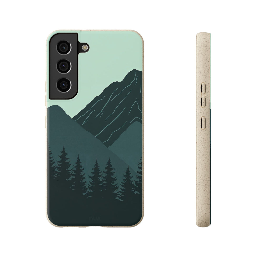 Eco-friendly Samsung phone case with mountain design, biodegradable materials, vibrant colors, fits many models, durable protection.