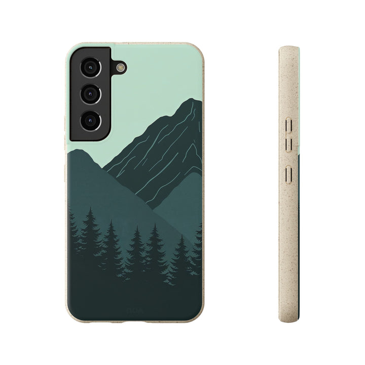 Eco-friendly Samsung phone case with mountain design, biodegradable materials, vibrant colors, fits many models, durable protection.
