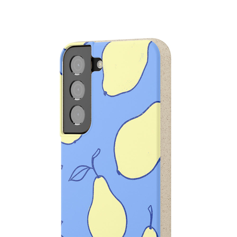 Eco-friendly Samsung case with yellow pear design on blue, perfect for various models. Summer edition, durable with PLA polymer.