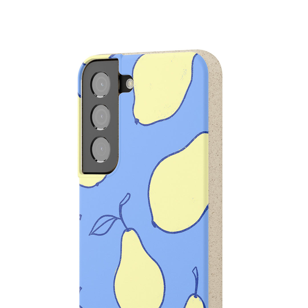 Eco-friendly Samsung case with yellow pear design on blue, perfect for various models. Summer edition, durable with PLA polymer.