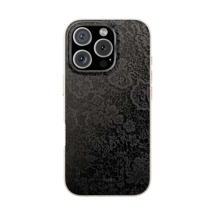 Eco-friendly Noir Lace: Midnight Elegance iPhone cover with durable matte finish for many models, including iPhone and Samsung.