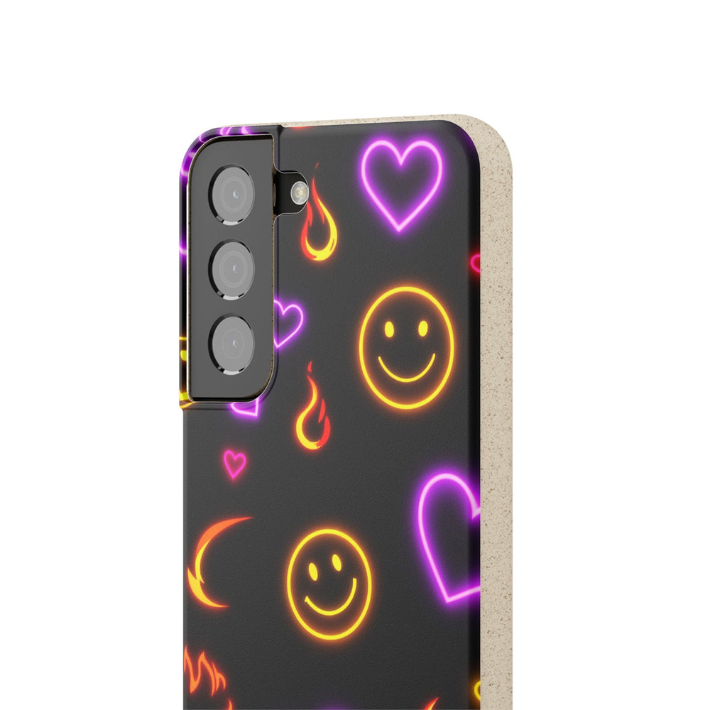 Eco-friendly Samsung case with vibrant emojis and flames, biodegradable and durable design for various models.