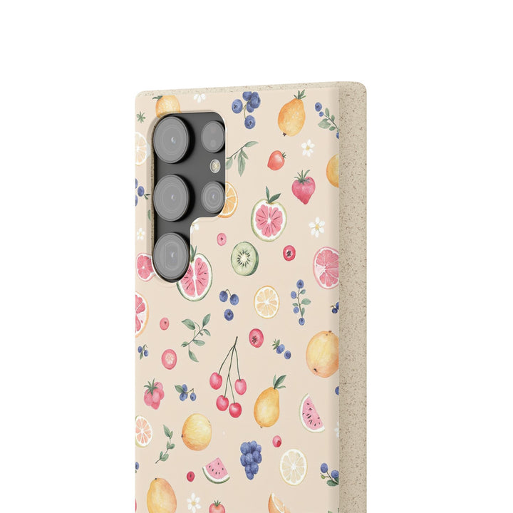 Eco-friendly Samsung case with vibrant fruit garden design, made of PLA and bamboo. Perfect for nature-loving, summer-ready phone protection.