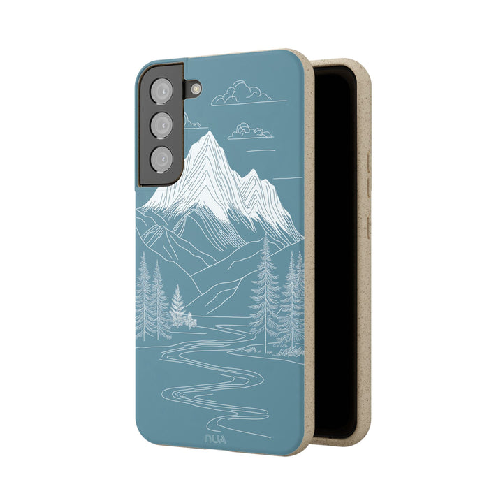 Eco-friendly durable Samsung phone case with white mountain line art on blue, ideal for nature lovers. Fits many Samsung models.