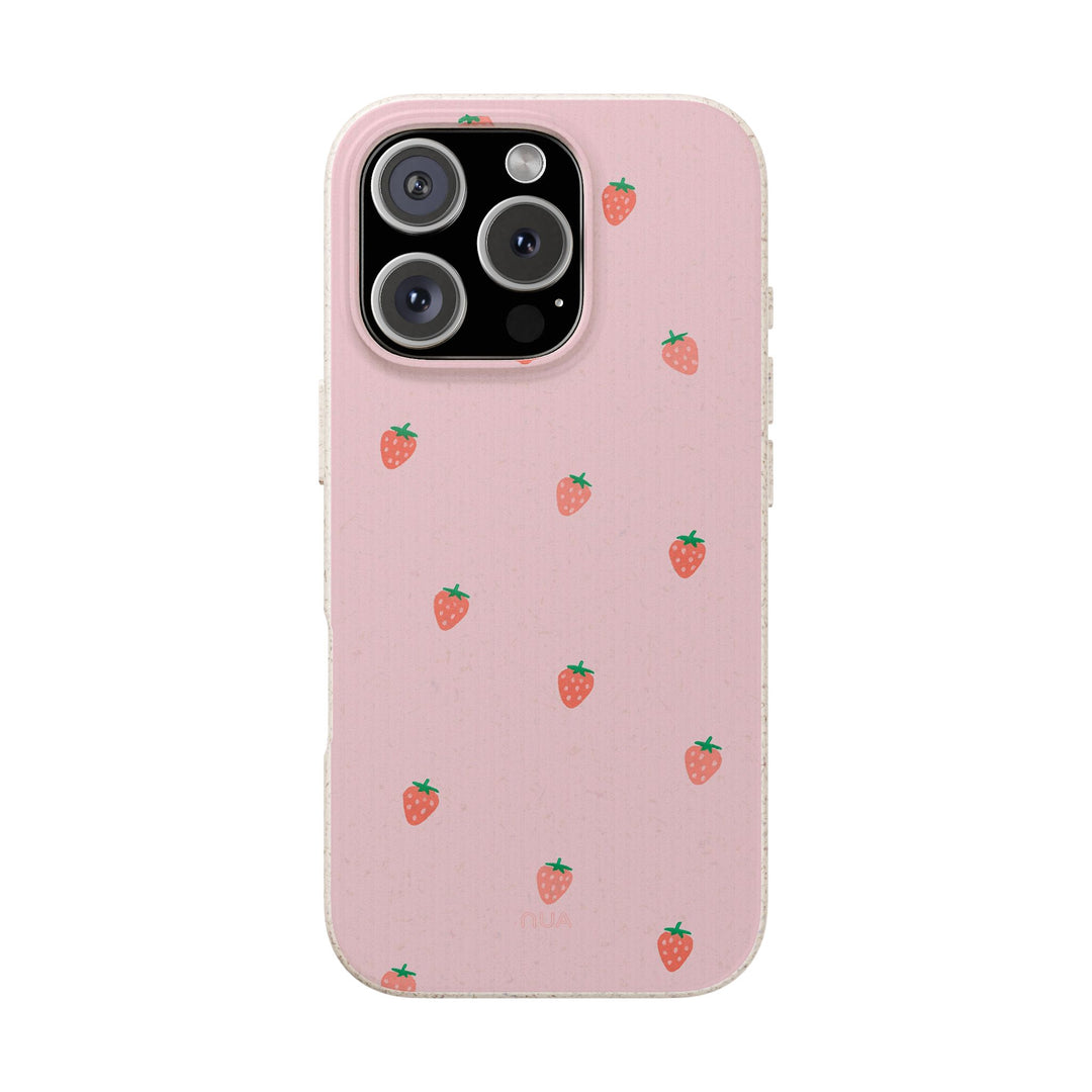 Eco-friendly Strawberry Sugar iPhone case with a pink background and cute strawberry design, available for many iPhone and Samsung models.