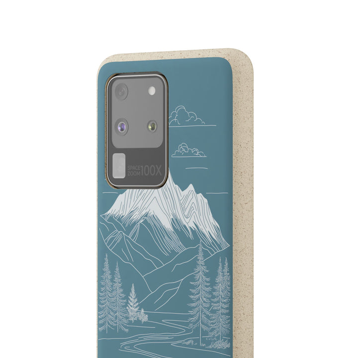 Eco-friendly Samsung case featuring minimalist mountain line art on blue, perfect for nature lovers and outdoor enthusiasts.
