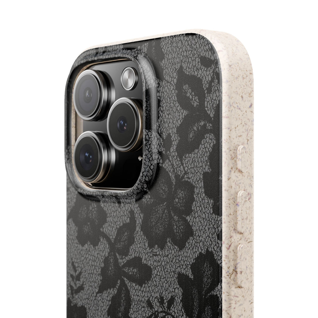 Elegant eco-friendly black lace floral iPhone case with a sleek matte finish, compatible with many iPhone and Samsung models.