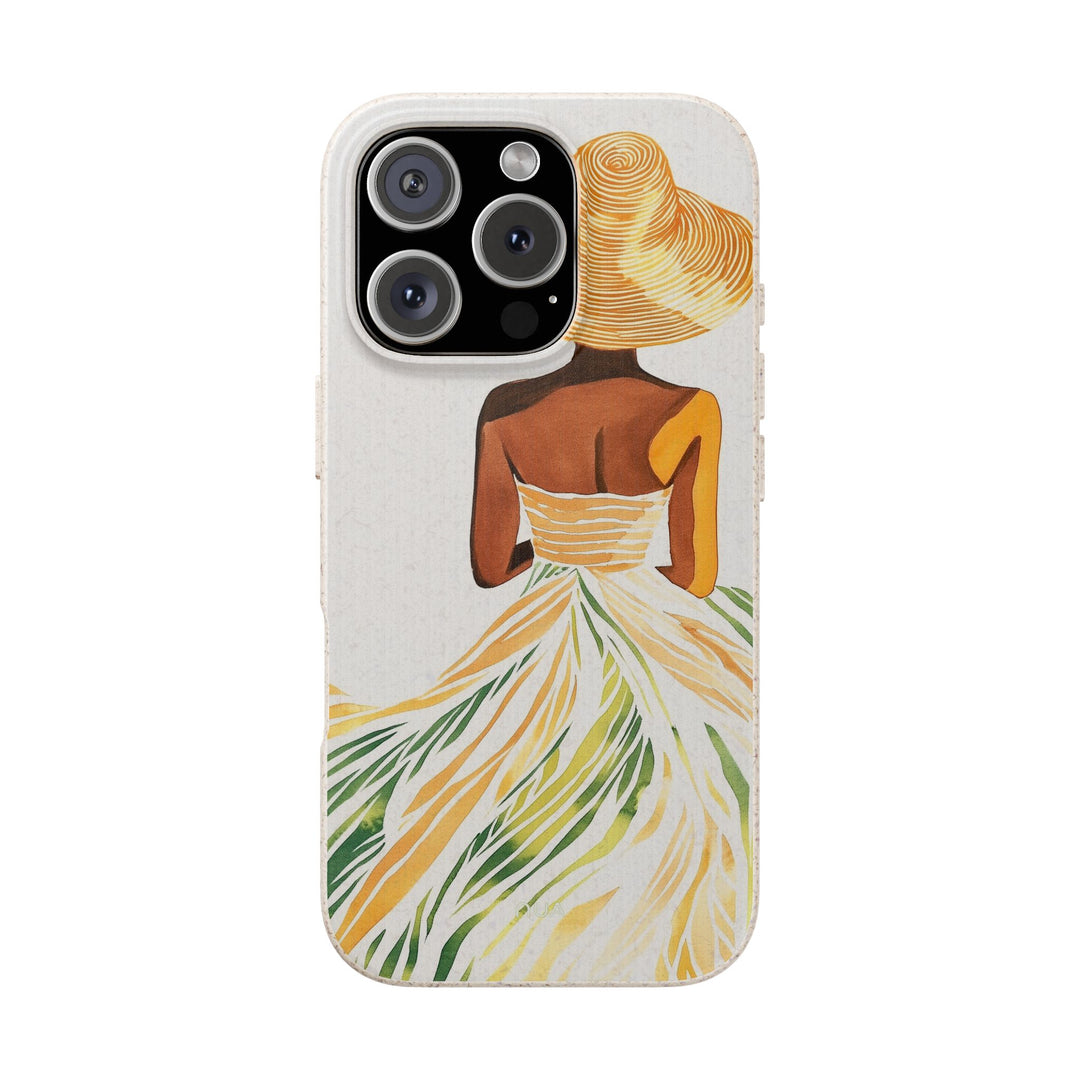 Eco-friendly iPhone case with summer design, featuring a woman in a hat, made from PLA plant polymer and bamboo fibre for various models.