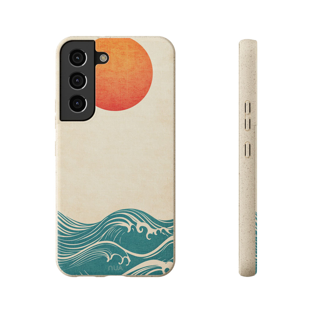 Eco-friendly Samsung case with sunset waves design, durable protection for many models, featuring a frosted finish and vibrant colors.