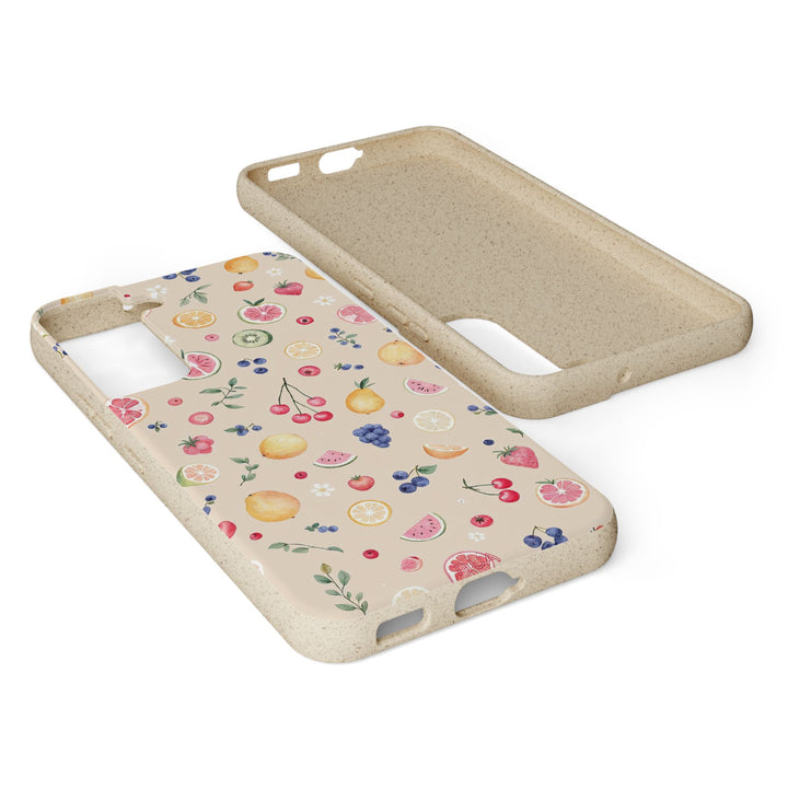 Eco-friendly Samsung case with vibrant fruit garden design, made of PLA and bamboo. Perfect for nature lovers and sustainable living.