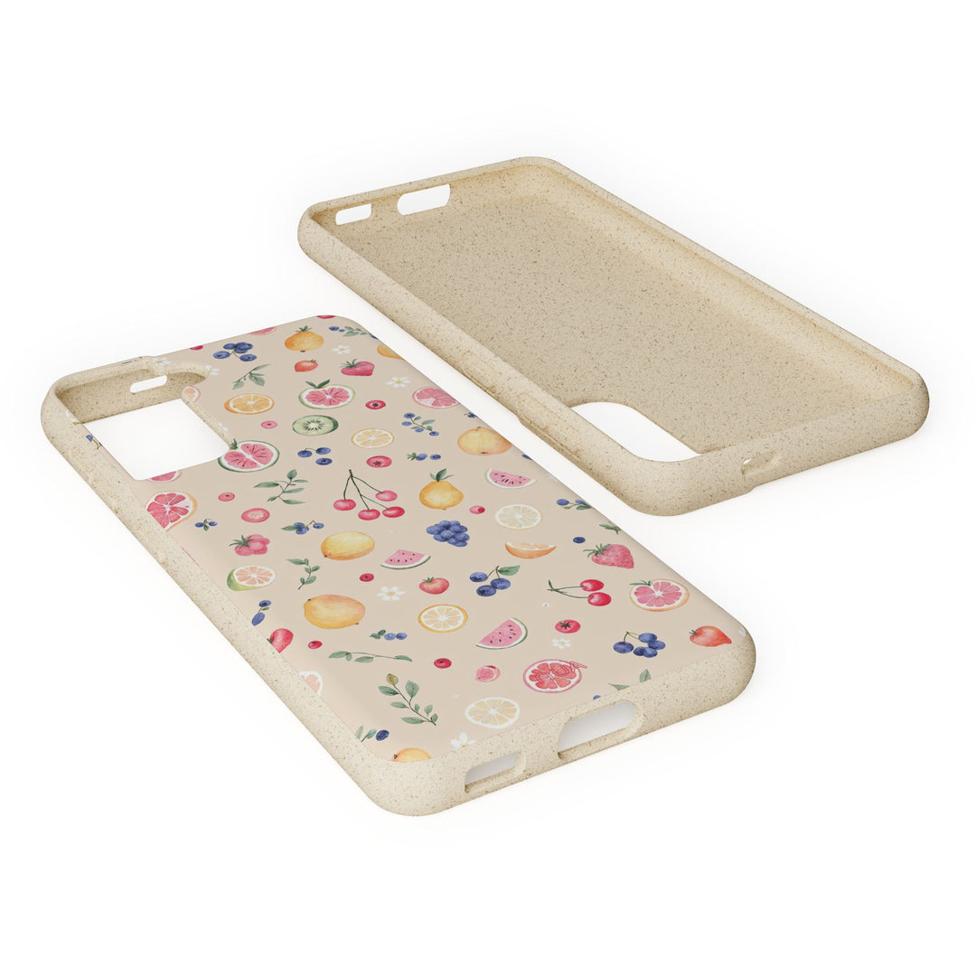Eco-friendly Samsung case with vibrant fruit garden design, made of PLA plant polymer and bamboo fibre. Perfect for nature lovers.