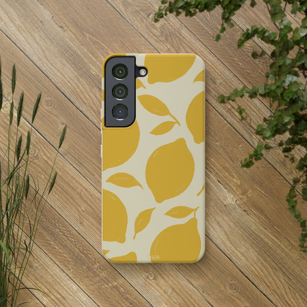 Citrus Pop Eco-Friendly Samsung Case with lemon pattern, made of biodegradable materials, compatible with MagSafe charging.
